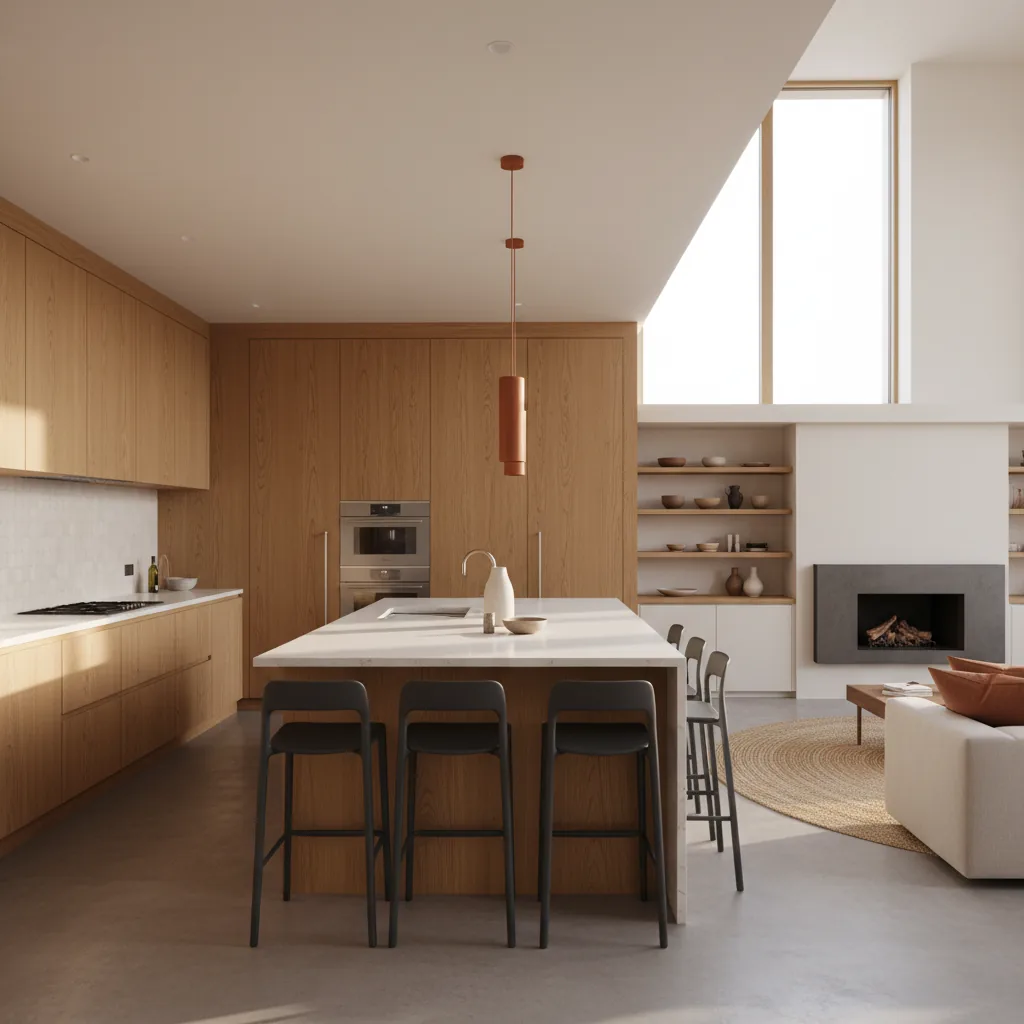 Cocina abierta al salón con isla central reformada en Bilbao