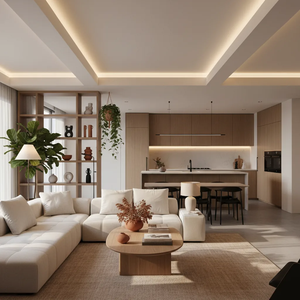 Salón comedor reformado en Bilbao con cocina abierta y materiales naturales