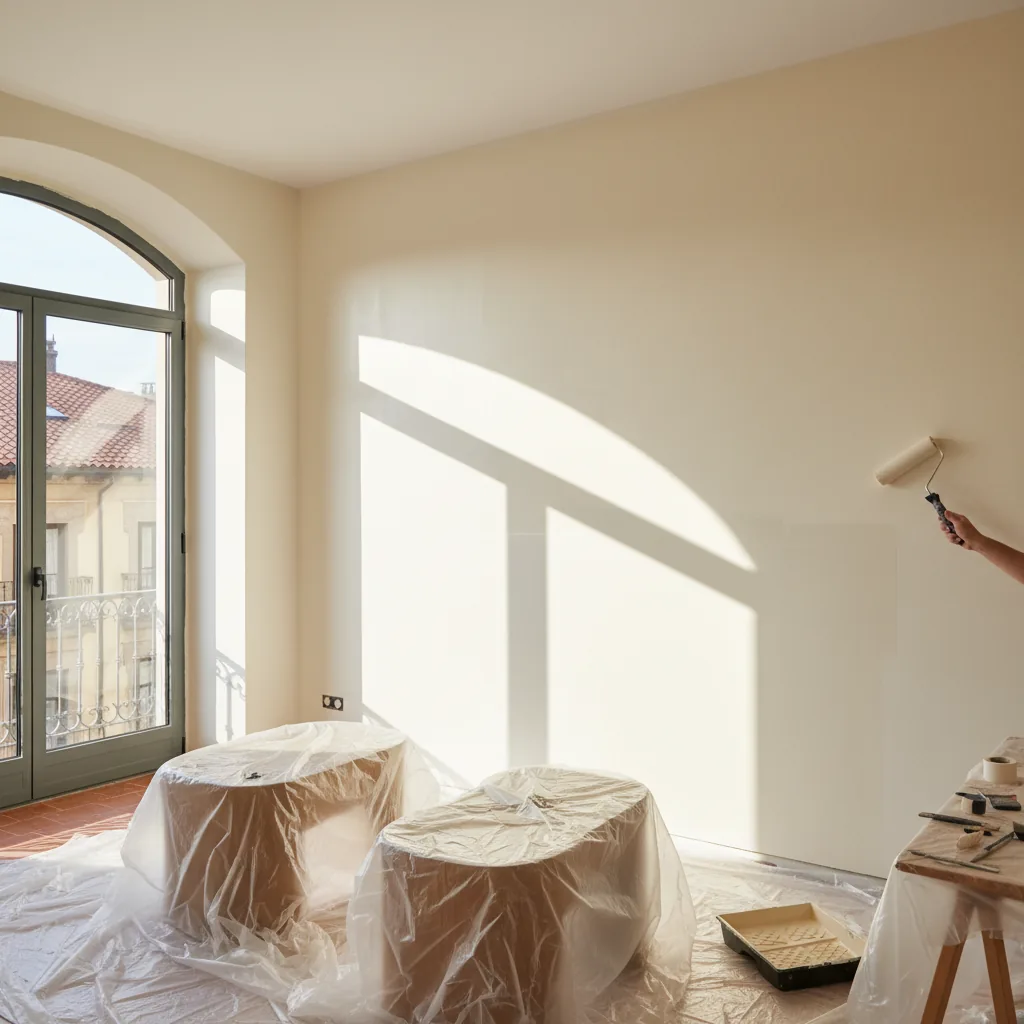 Pintor profesional aplicando pintura plástica lisa en piso de Bilbao