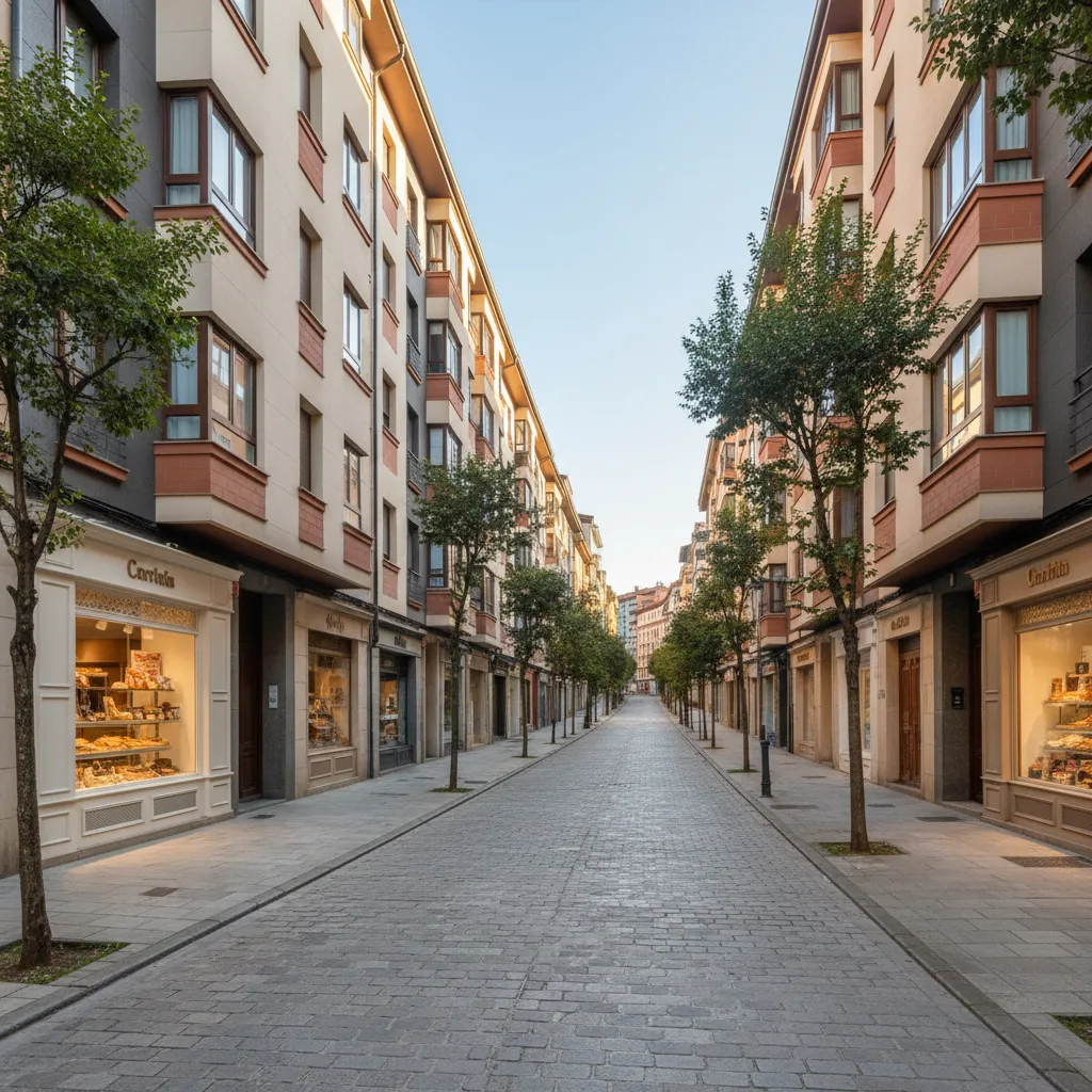 Calles de Santutxu en Bilbao con bloques de viviendas y comercios de barrio